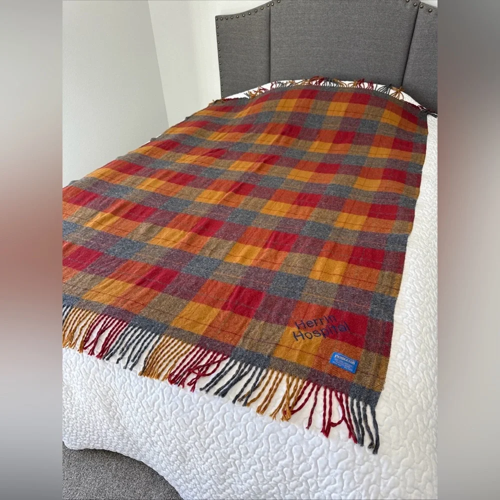 VTG Pendleton Wool Plaid Blanket Throw Red Brown USA 52